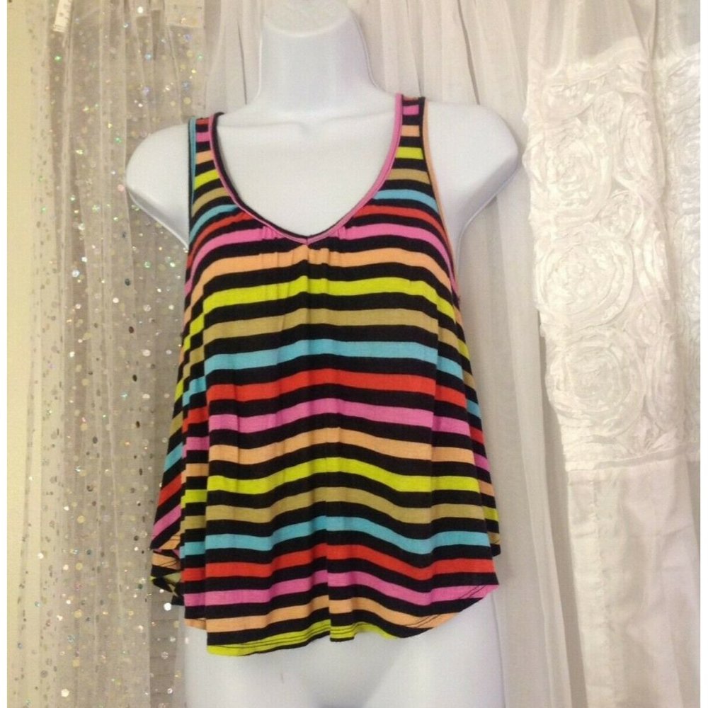 Madrag Small Bright Multicolored Striped Crop Tank Top With Floral Lace Back